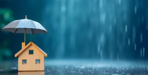 Toy House sheltered from rain by umbrella. Signifies Melbourne Property Market in Winter