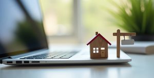 A laptop open with a small toy house and for sale sign sitting on the keypad